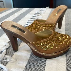 Vintage Y2K Bamboo SWING-12 Satin Beaded & Sequin Heels Clogs Size 6.5